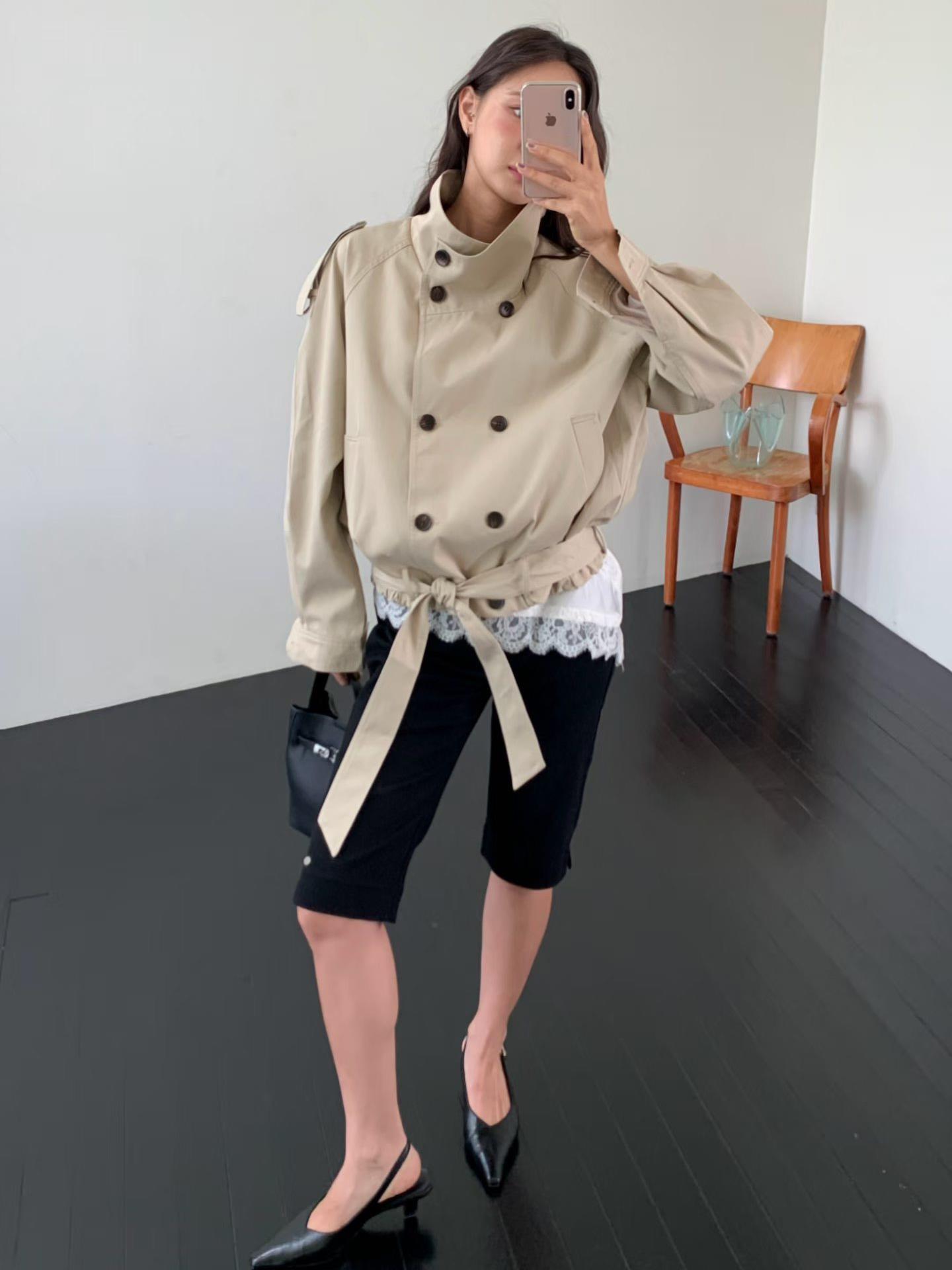 下擺綁帶翻領風衣外套